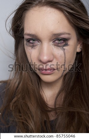 Close Up Photo Of A Young Beautiful Woman Crying, With Smudged Make Up ...