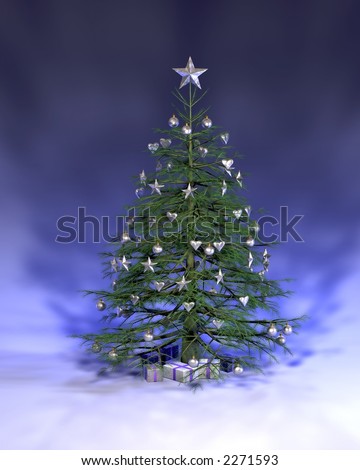 A Blue Silver Christmas Tree rendered on a blue background