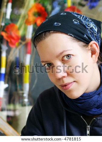 Young woman sitting in a cafe`, looking for something Stock foto © 