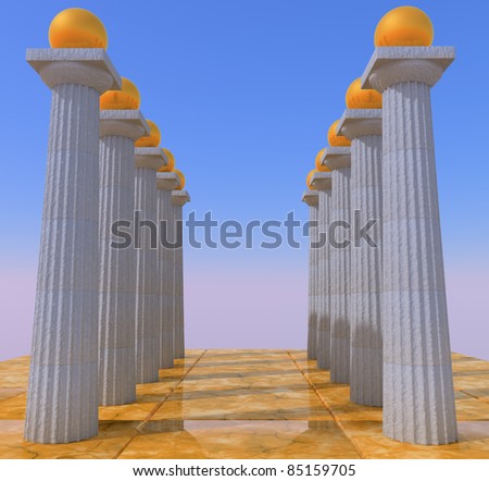 Antique columns on marble slabs and golden balls