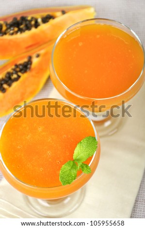 Fresh blended papaya juice with a mint leaf