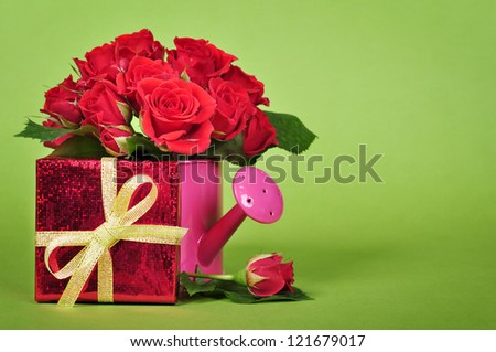 bouquet of red roses in a pink watering can with red gift box on a green background