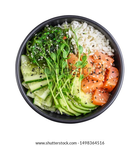 Similar – Foto Bild Japans Poke Bowl mit Meeresfrüchten und Salat und vegane Schale mit Gemüse und Kichererbsen in nachhaltigen Lebensmittelbehälter auf grauem Hintergrund. Umweltfreundliche Lieferung von Lebensmitteln mit plastikfreiem Besteck. Ansicht von oben.