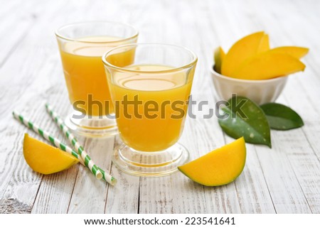 Mango juice in a glass on wooden white background