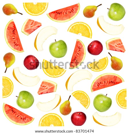 Fruity background. Collage of different fruits isolated on a white background