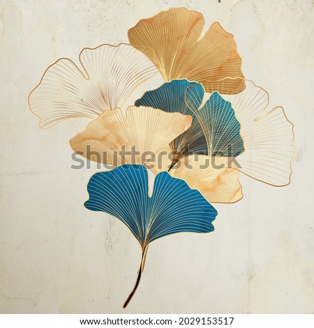 Art background with decorative ginkgo leaves in vintage style in gold and turquoise colors.