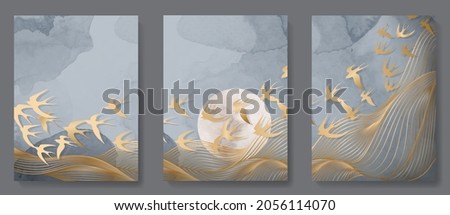 Set of luxury posters with golden abstract lines and birds in oriental style on watercolor background for interior decoration. Stockfoto © 