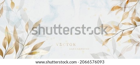 Luxury background with plant leaves of gold on a light blue background. Botanical art for use in prints, web banners, packaging design