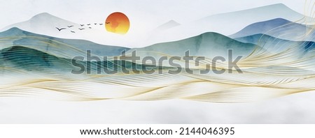 Landscape art background with sun, mountains and hills and golden waves in line art style. Oriental watercolor banner for interior decoration design, design, print, packaging, wallpaper