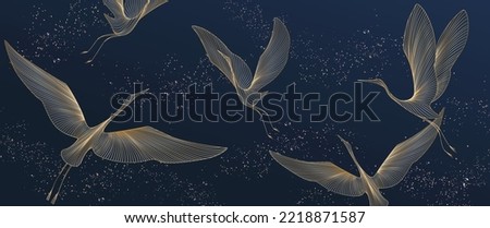 Dark blue art background with birds in gold line art style. Vector banner with oriental pattern of cranes for wallpaper, interior, decor, textile, print, packaging.
