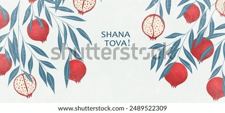 Background for Jewish holiday Rosh Hashanah with pomegranate fruits on branches. Vector illustration in modern style with Jewish holiday of New Year, Rosh Hashana for greeting card, cover.