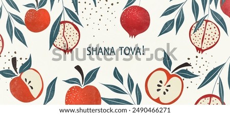 Jewish holiday Rosh Hashanah with pomegranate and apple fruits. Vector illustration in modern style with Jewish holiday of New Year, Rosh Hashana for greeting card, cover.