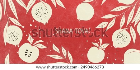 Red art background of Israeli Rosh Hashanah holiday with pomegranate and apple pattern. Vector illustration in modern style with Jewish holiday of New Year, Rosh Hashana for greeting card, cover.