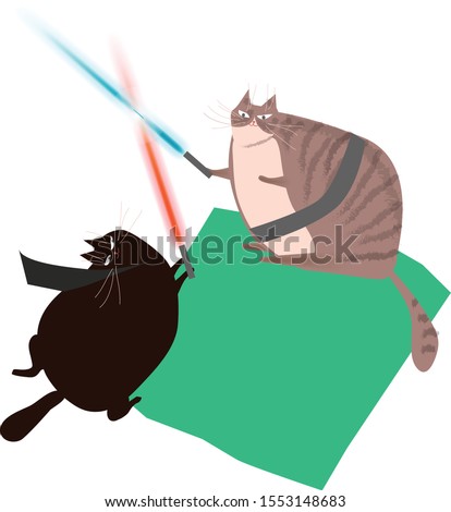 Two cats fighting with swords. Vector illustration