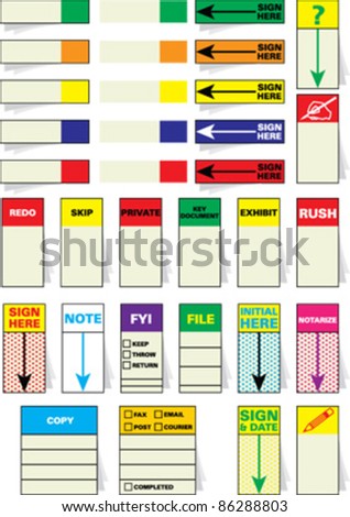 Vector sticky notes, post-it notes, sign here tabs, sticky flags and adhesive arrow flags designed to keep track of important notes, signatures, files, messages. Draw attention to where you need it.