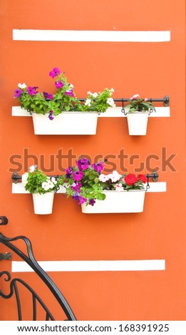 wall of the building with wrought holders and flowers in pots