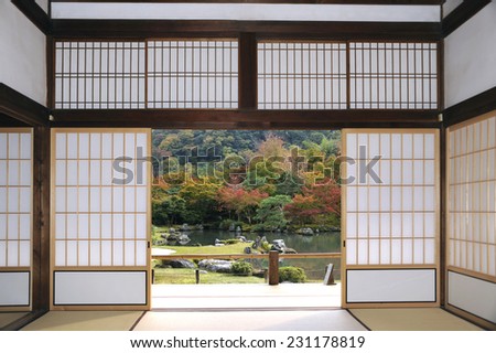 View at the Tenryu-ji Sogenchi Garden in Kyoto seen from theTenryu-ji, Shoin Drawing Room.This is a World Cultural Heritage site.