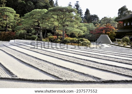 KYOTO, JAPAN-NOVEMBER 10, 2014; Zen garden with sand tower named Kogetsudai, representing fuji montain.November 10, 2014, Kyoto, Japan
