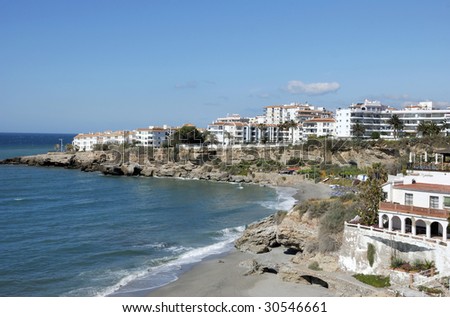 Mediterranean Sea and holiday apartments. Seen from the Balcony of Europe in Nerja, Andalusia