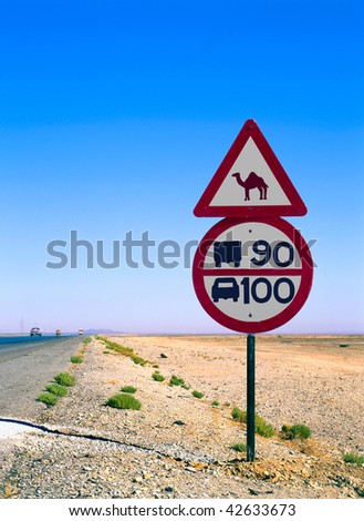 road sign with camel in the middle of the desert