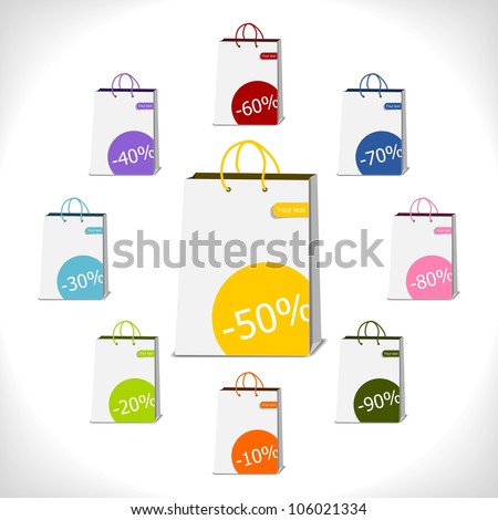 shopping bags decorated with percent stickers - vector illustration