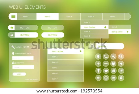 web ui elements suitable for flat design, transparent on green blurry background, vector illustration, eps 10 with transparency and gradient mesh