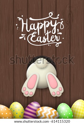 Easter motive, white bunny bottom and easter eggs on dark brown wooden background with text Happy Easter, vector illustration, eps 10 with transparency and gradient meshes