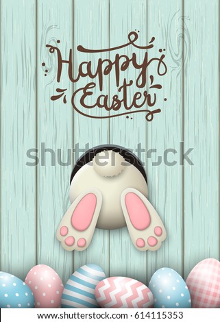 Easter motive, white bunny bottom and easter pink and blue eggs and fresh grass on blue wooden background with text Happy Easter, vector illustration, eps 10 with transparency and gradient meshes