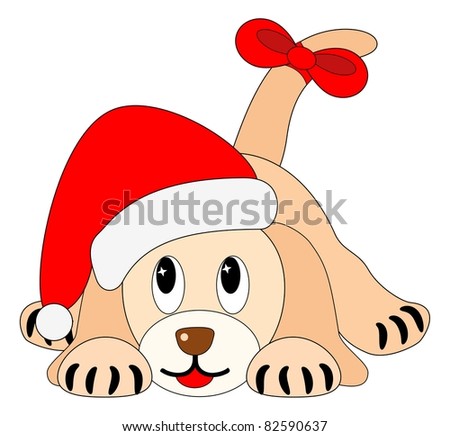 Vector Cute Puppy With Santa Claus Hat And Ribbon - Christmas ...