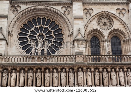 Notre-Dame Cathedral Facade - Mary in Rose Window, Paris, France
