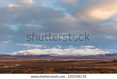 Mountain in remote area of Iceland at sunset.