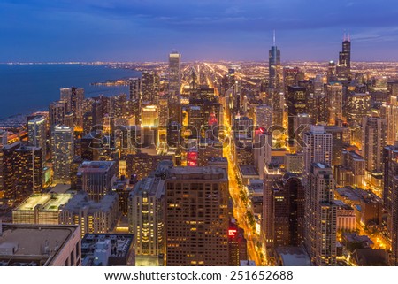 Chicago downtown skyline at night, Illinois