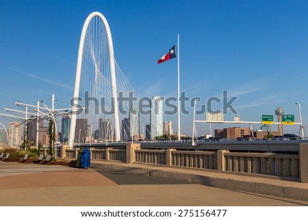 Dallas downtown skyline and Margaret hut hills bridge from Continental bridge park, Texas