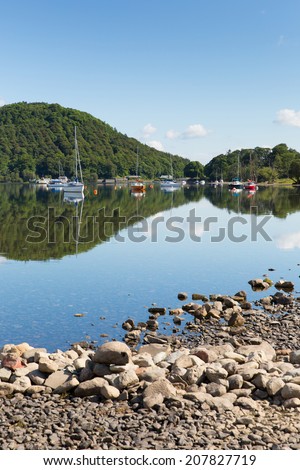 Ullswater by Pooley Bridge Lake District Cumbria England UK blue sky on beautiful summer day with sunshine