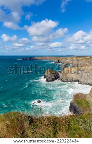 Bedruthan Steps Cornwall England UK Cornish north coast near Newquay on a beautiful sunny blue sky day for this tourist attraction