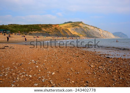 CHARMOUTH, DORSET, ENGLAND-SEPTEMBER 4 2014: Sunny warm weather brought visitors to Charmouth on the Dorset coast at to enjoy the late summer sunshine on Thursday 4th September 2014