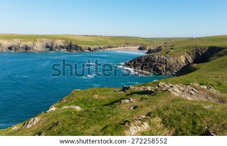 Porth Joke beach next to Crantock bay Cornwall England UK near Newquay and on South West Coast Path also known as Polly Joke in spring with blue sea and sky