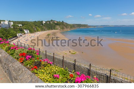 Tenby beach Wales uk in summer with tourists and visitors, blue sea and sky and colourful flowers in foreground