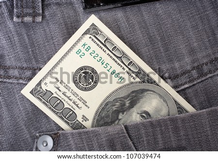 American One Hundred Dollars Bill in Grey Jeans Denim Pocket