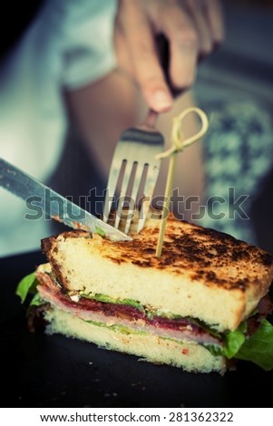 Young thick dough ham sandwich. Serve the salad with set point.