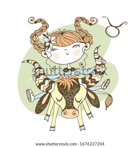 Zodiac sign Taurus. Funny children's horoscope in Doodle style. Vector.