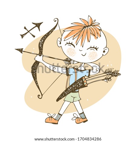 Children's zodiac. Sagittarius sign. Boy with a bow. Vector. 