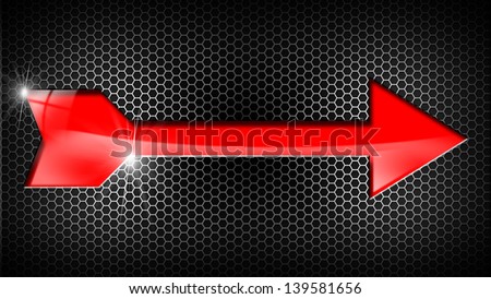 Red Arrow on Black Background / Red arrow with reflections on a black and metal background