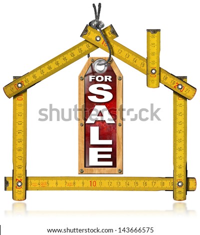House For Sale - Wood Meter Tool / Wooden yellow meter tool forming a house and hanging tag with written \