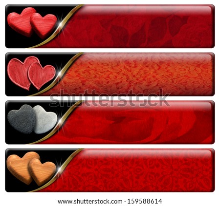 Four Romantic Headers with clipping path / Set of four romantic banners with hearts, red floral texture and clipping path
