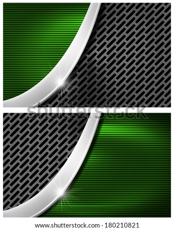 Green and Metal Business Card / Green and black corrugated abstract background with dark grid and metal curve for business cards