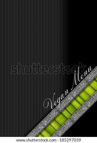 Vegan Menu Menu Template / Black and gray background with diagonal silver bands and green vegetables, template for a Vegan Menu