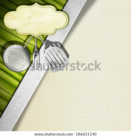 Vegan Menu Template / Background with green vegetables, kitchen utensils and empty label, diagonal metallic stripe and paper sheet, template for a Vegan Menu