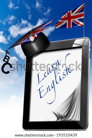 Learn English - Tablet Computer with Graduation Hat / Black tablet computer with pages, graduation hat and phrase \