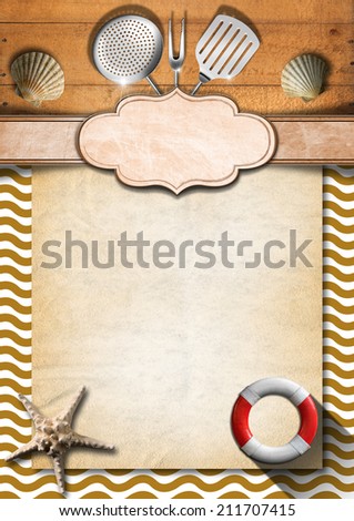 Seafood - Menu Template / Brown wooden background with stylized waves, kitchen utensils and empty label, seashells, starfish and lifebuoy. Template for recipes or a sea menu